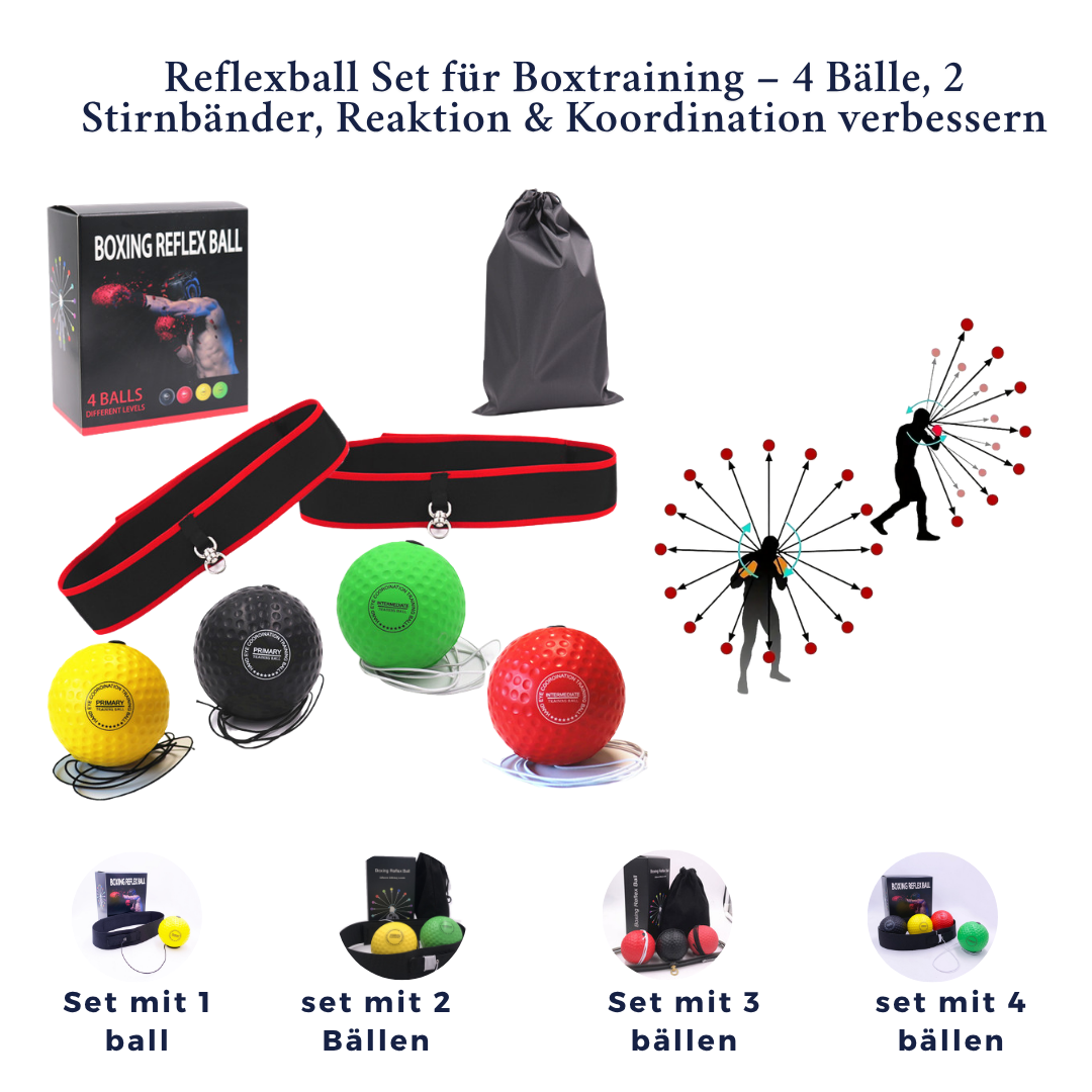 Reflexball-Set für Reaktion & Koordination – 4 Bälle + 2 Stirnbänder + Zubehör
